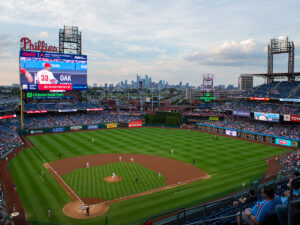 A shot of the baseball field and Citizens Bank Park with the Philadelphia skyline in the distance.