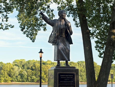 A statue of Harriet Tubman pointing at the north star in Bristol Pennsylvania