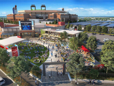 An aerial rendering showing new construction around Stateside Live! in the South Philadelphia Sports Complex. Citizens Bank Park is visible in the background.