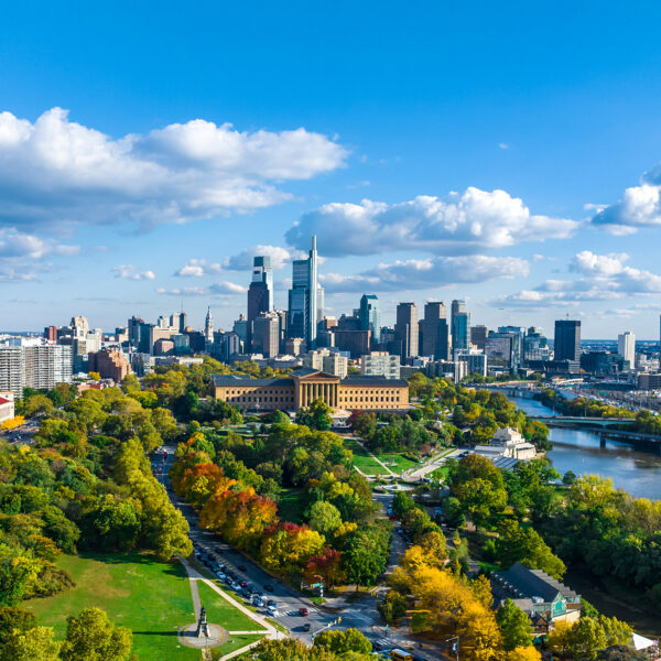 An aerial image of the Philadelphia skyline