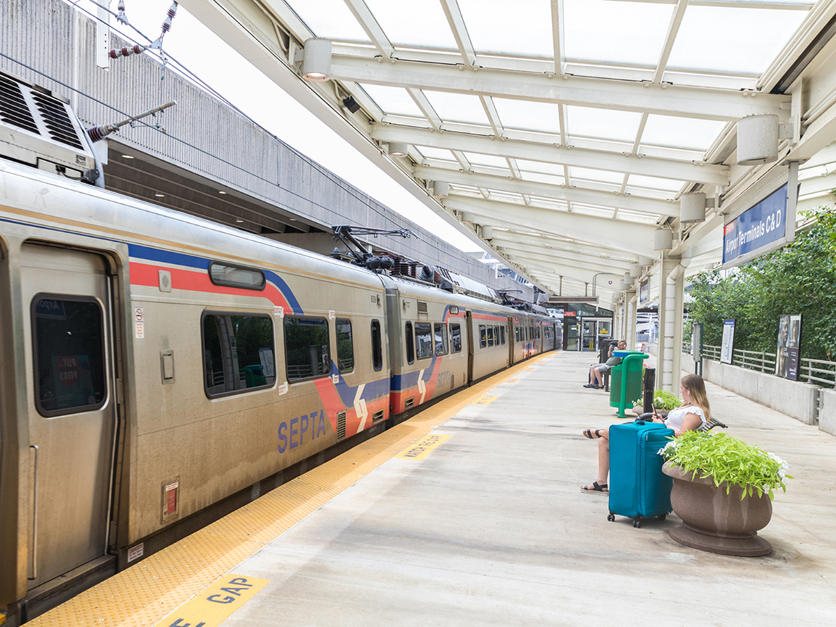 A SEPTA train stops at the Philadelphia International Airport Terminals C&D.