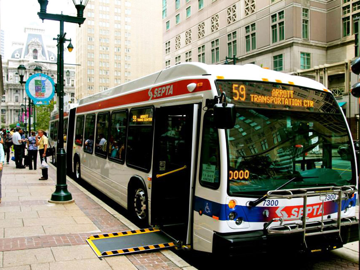 Features of SEPTA's articulated buses include low floor design and front door ramps