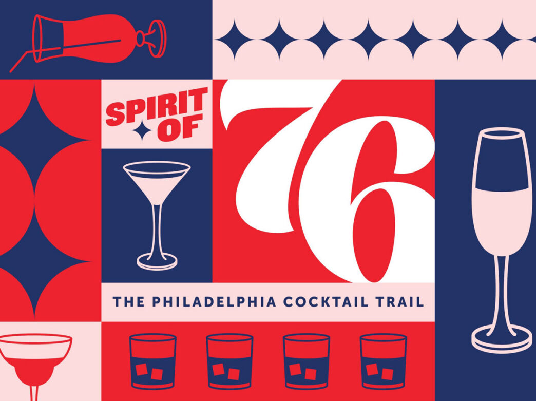 Graphic for the Spirit of 76 Philadelphia Cocktail Trail with icons of a whiskey glass and martini glass