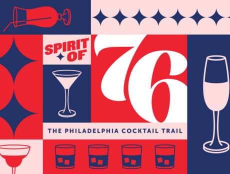 Graphic for the Spirit of 76 Philadelphia Cocktail Trail with icons of a whiskey glass and martini glass